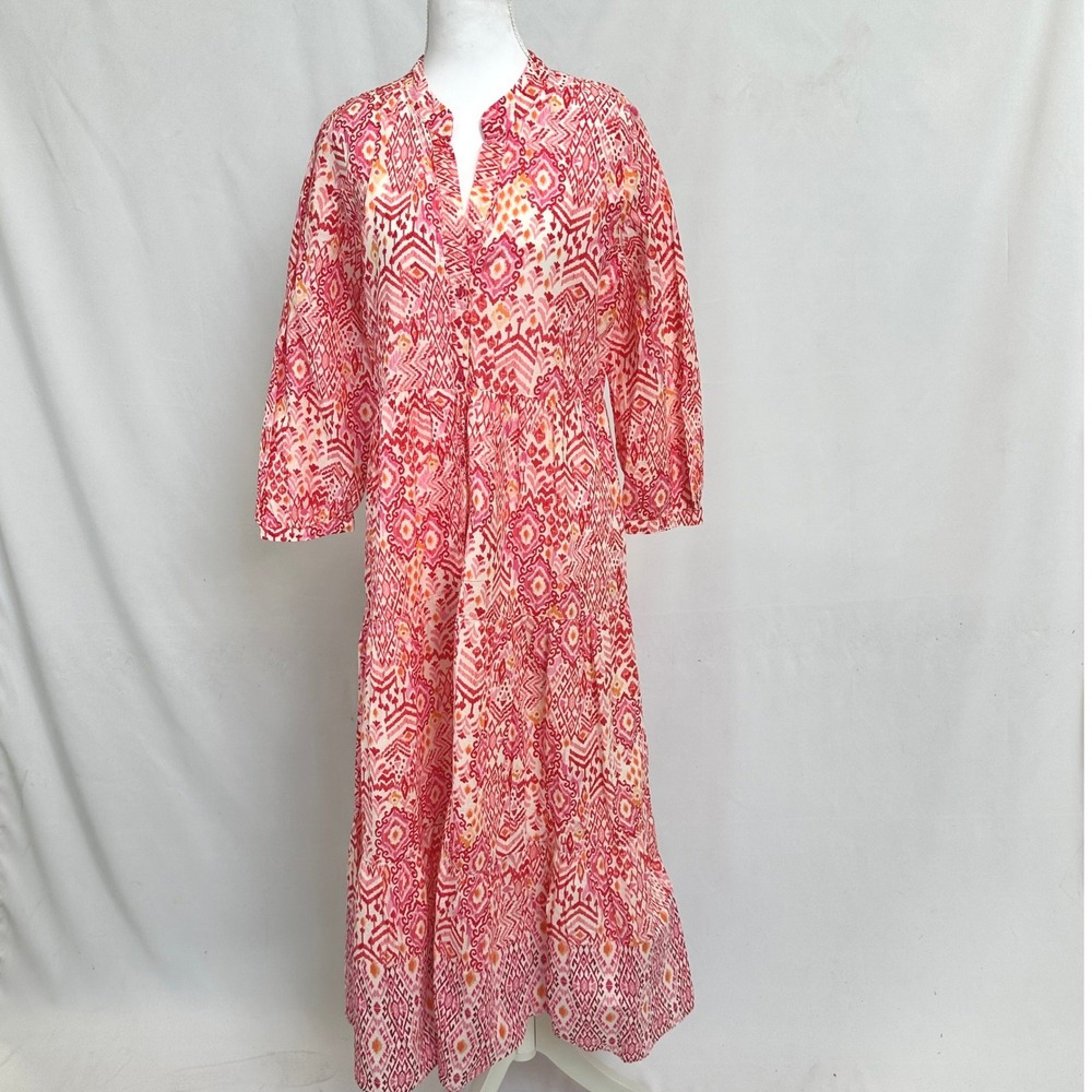 Zara Womens Sz Medium Pink Ikat Geometric Print Tiered Maxi Dress Boho Resort